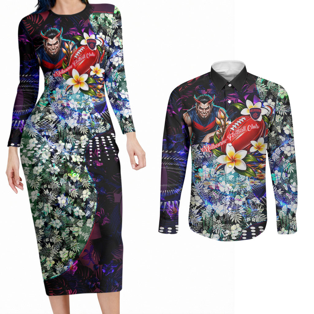Personalized Melbourne Football Demons Couples Matching Long Sleeve Bodycon Dress and Long Sleeve Button Shirt Tropical Hibiscus Flowers - Pacific Fusion Style