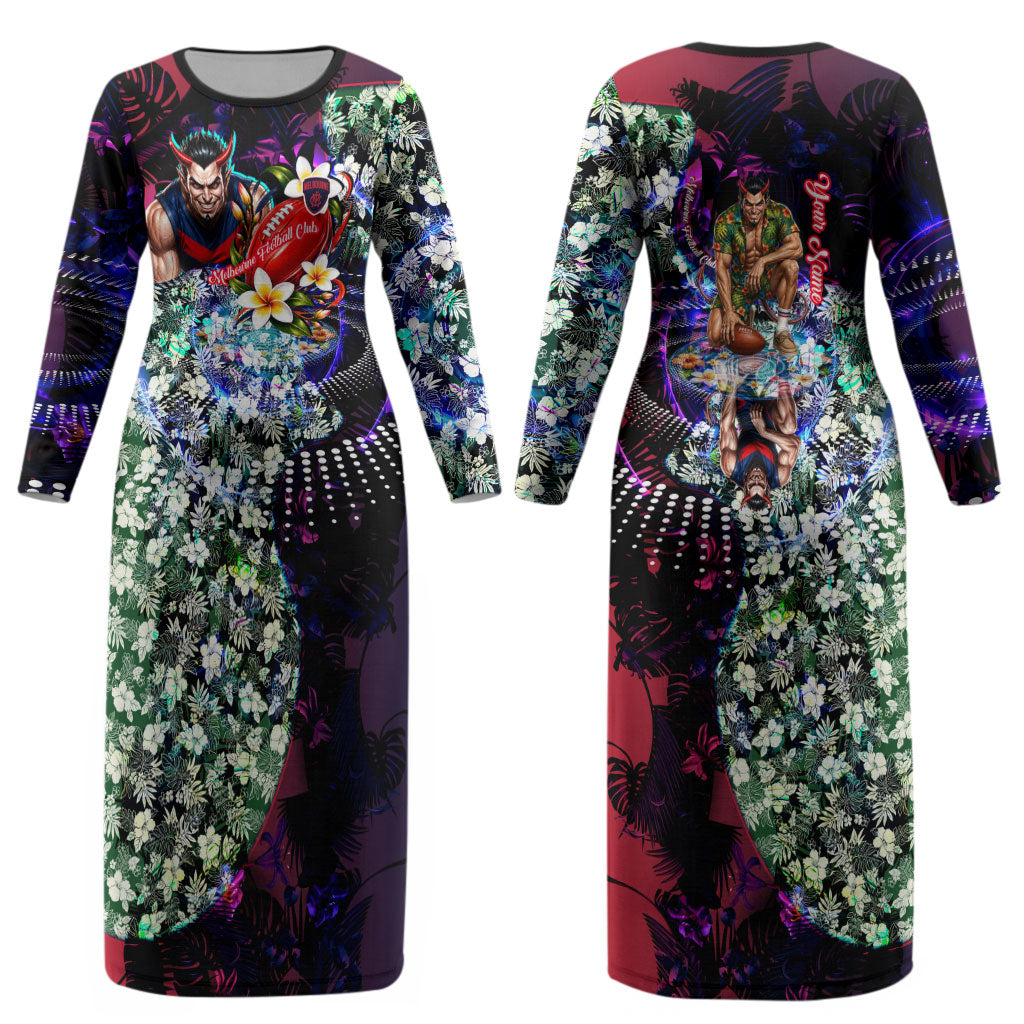 Personalized Melbourne Football Demons Couples Matching Long Sleeve Bodycon Dress and Long Sleeve Button Shirt Tropical Hibiscus Flowers - Pacific Fusion Style