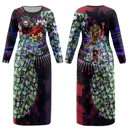 Personalized Melbourne Football Demons Couples Matching Long Sleeve Bodycon Dress and Long Sleeve Button Shirt Tropical Hibiscus Flowers - Pacific Fusion Style
