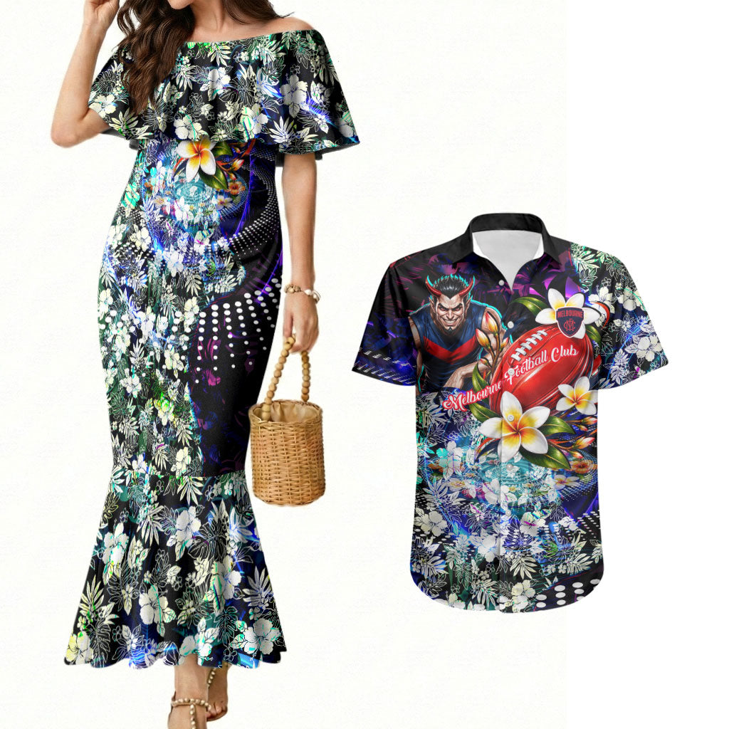 Personalized Melbourne Football Demons Couples Matching Mermaid Dress and Hawaiian Shirt Tropical Hibiscus Flowers - Pacific Fusion Style