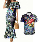 Personalized Melbourne Football Demons Couples Matching Mermaid Dress and Hawaiian Shirt Tropical Hibiscus Flowers - Pacific Fusion Style