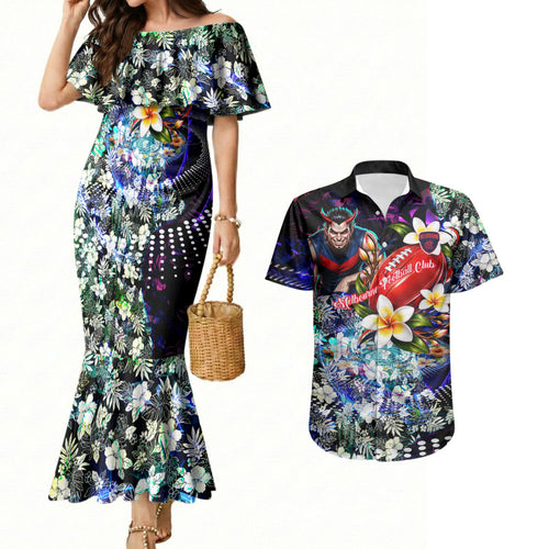 Personalized Melbourne Football Demons Couples Matching Mermaid Dress and Hawaiian Shirt Tropical Hibiscus Flowers - Pacific Fusion Style