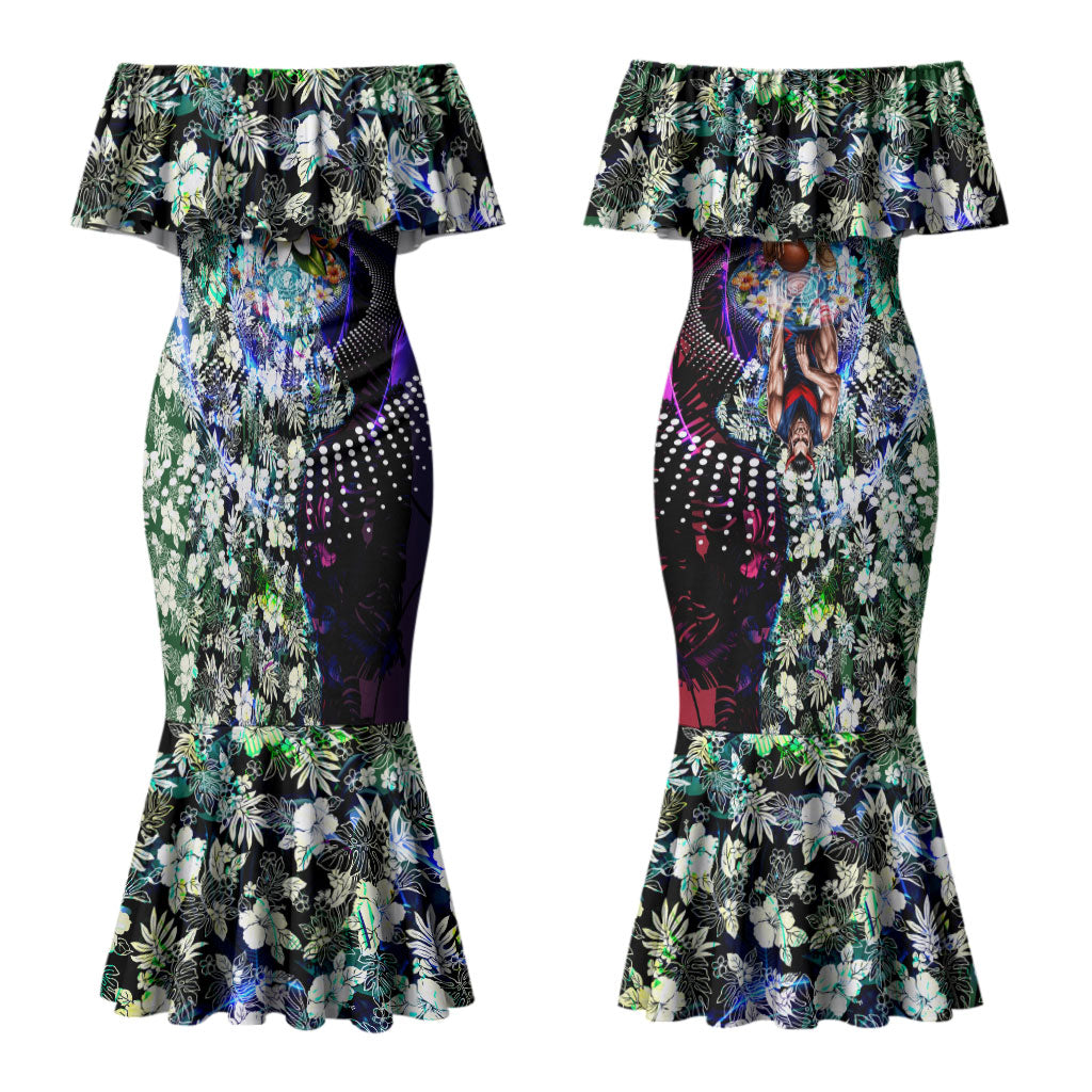 Personalized Melbourne Football Demons Couples Matching Mermaid Dress and Hawaiian Shirt Tropical Hibiscus Flowers - Pacific Fusion Style