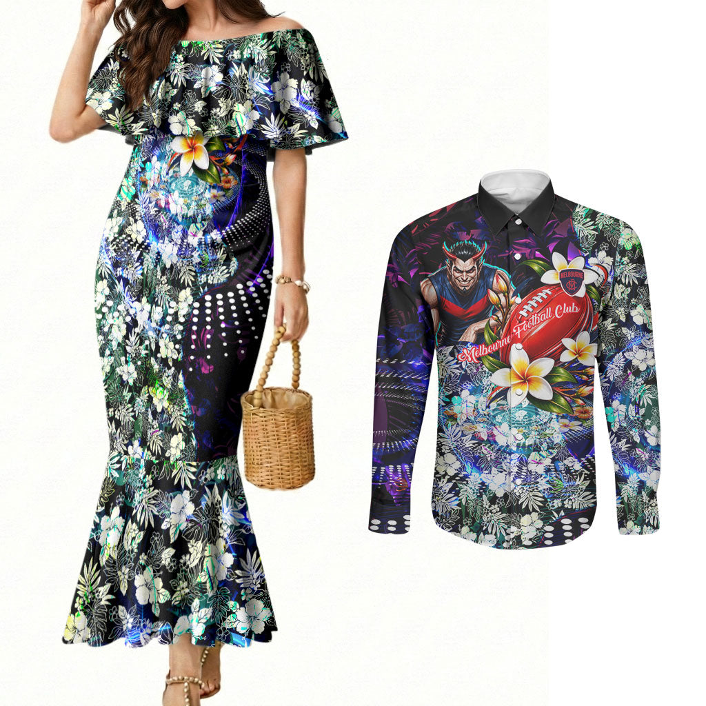 Personalized Melbourne Football Demons Couples Matching Mermaid Dress and Long Sleeve Button Shirt Tropical Hibiscus Flowers - Pacific Fusion Style