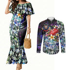 Personalized Melbourne Football Demons Couples Matching Mermaid Dress and Long Sleeve Button Shirt Tropical Hibiscus Flowers - Pacific Fusion Style