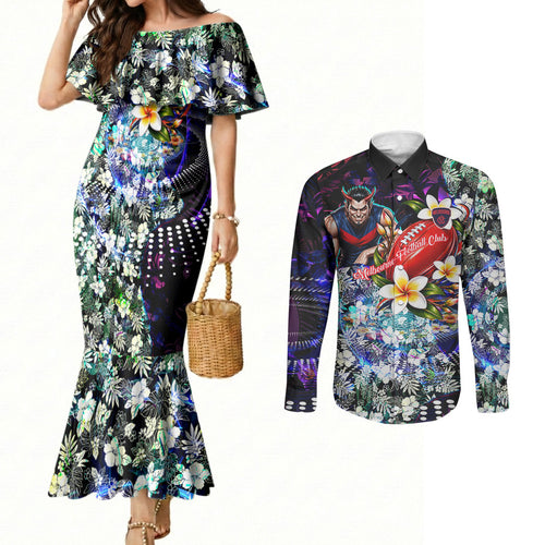 Personalized Melbourne Football Demons Couples Matching Mermaid Dress and Long Sleeve Button Shirt Tropical Hibiscus Flowers - Pacific Fusion Style
