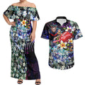 Personalized Melbourne Football Demons Couples Matching Off Shoulder Maxi Dress and Hawaiian Shirt Tropical Hibiscus Flowers - Pacific Fusion Style