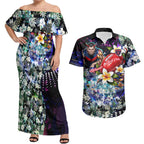 Personalized Melbourne Football Demons Couples Matching Off Shoulder Maxi Dress and Hawaiian Shirt Tropical Hibiscus Flowers - Pacific Fusion Style