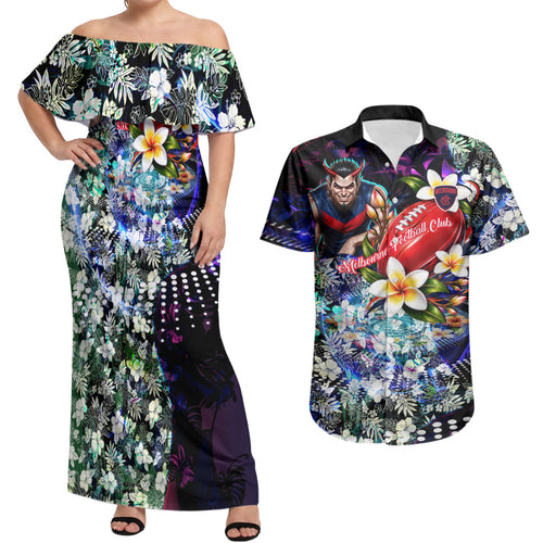 Personalized Melbourne Football Demons Couples Matching Off Shoulder Maxi Dress and Hawaiian Shirt Tropical Hibiscus Flowers - Pacific Fusion Style