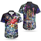 Personalized Melbourne Football Demons Couples Matching Off Shoulder Maxi Dress and Hawaiian Shirt Tropical Hibiscus Flowers - Pacific Fusion Style