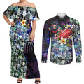 Personalized Melbourne Football Demons Couples Matching Off Shoulder Maxi Dress and Long Sleeve Button Shirt Tropical Hibiscus Flowers - Pacific Fusion Style
