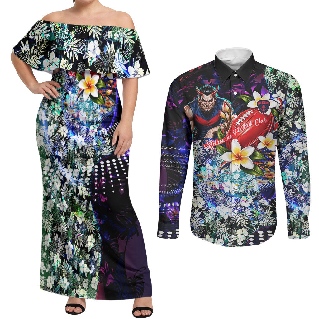 Personalized Melbourne Football Demons Couples Matching Off Shoulder Maxi Dress and Long Sleeve Button Shirt Tropical Hibiscus Flowers - Pacific Fusion Style