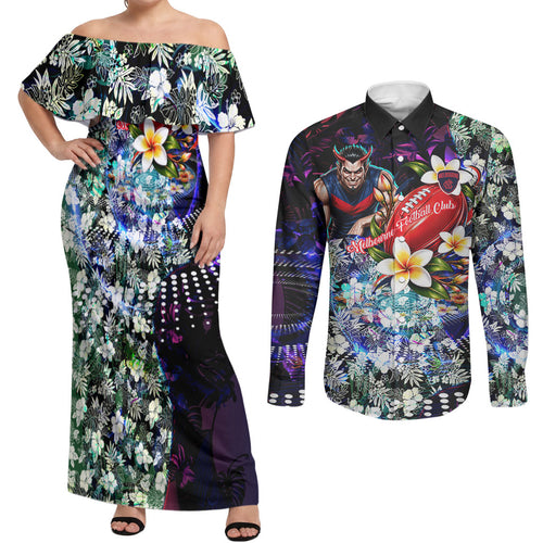 Personalized Melbourne Football Demons Couples Matching Off Shoulder Maxi Dress and Long Sleeve Button Shirt Tropical Hibiscus Flowers - Pacific Fusion Style
