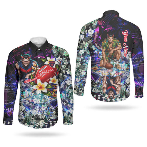 Personalized Melbourne Football Demons Couples Matching Off Shoulder Maxi Dress and Long Sleeve Button Shirt Tropical Hibiscus Flowers - Pacific Fusion Style