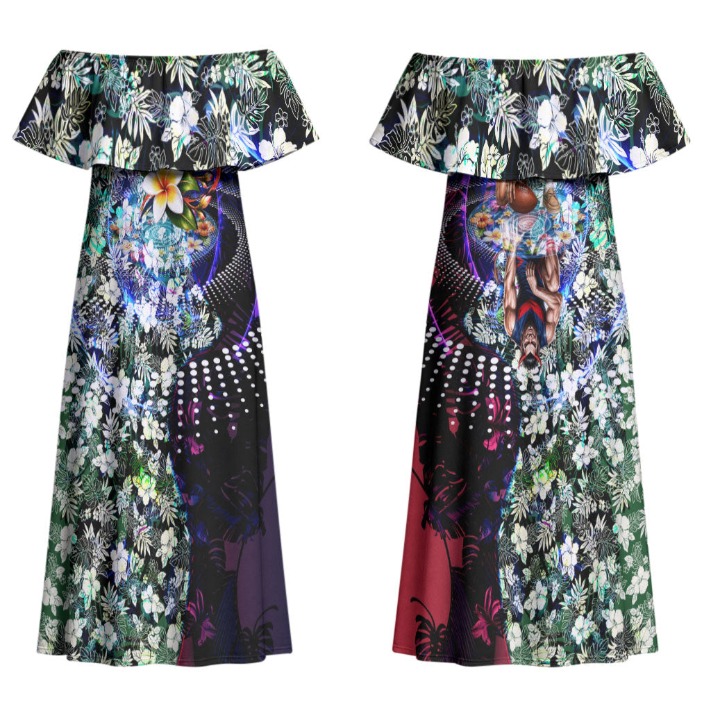 Personalized Melbourne Football Demons Couples Matching Off Shoulder Maxi Dress and Long Sleeve Button Shirt Tropical Hibiscus Flowers - Pacific Fusion Style