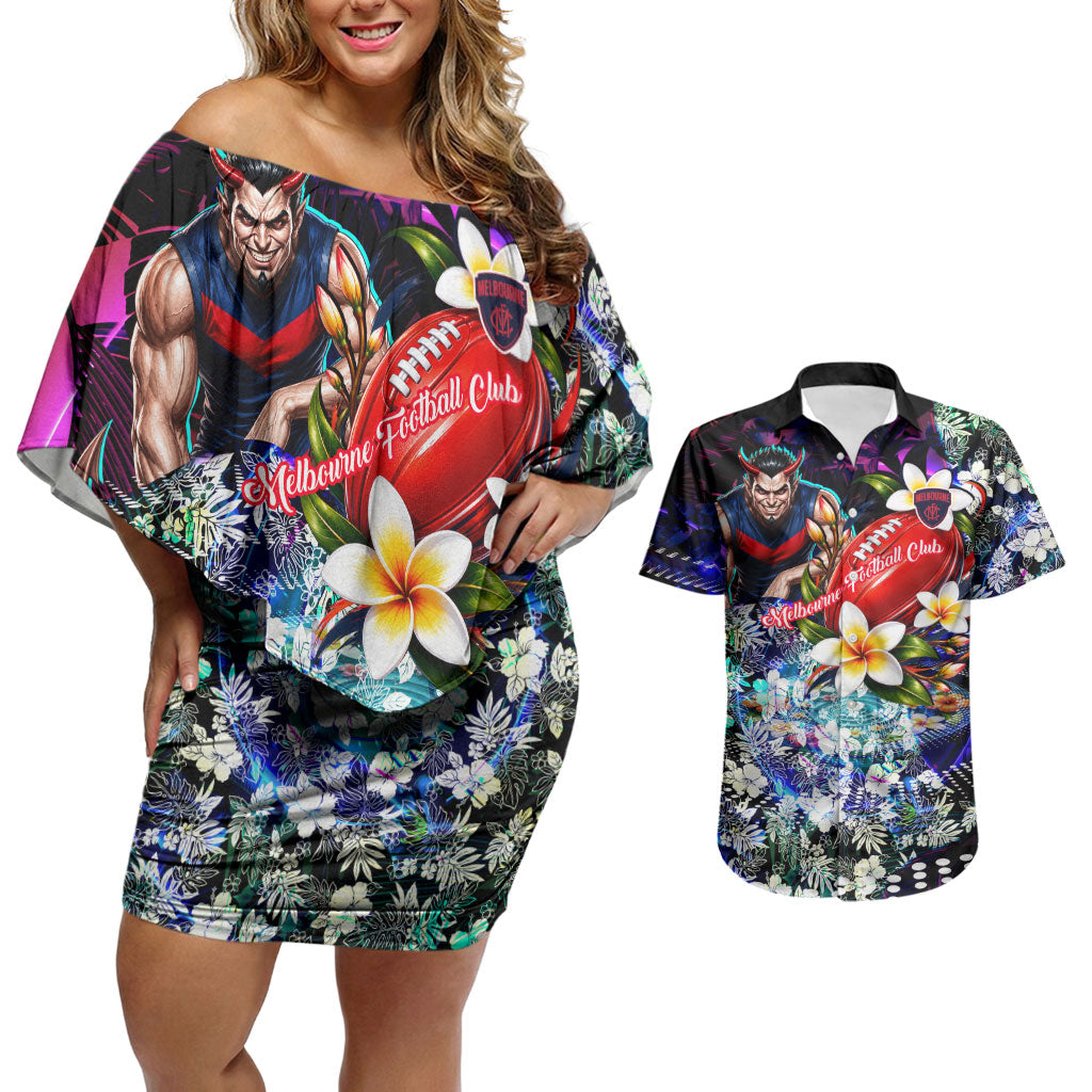 Personalized Melbourne Football Demons Couples Matching Off Shoulder Short Dress and Hawaiian Shirt Tropical Hibiscus Flowers - Pacific Fusion Style