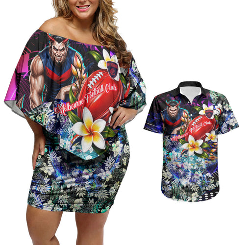Personalized Melbourne Football Demons Couples Matching Off Shoulder Short Dress and Hawaiian Shirt Tropical Hibiscus Flowers - Pacific Fusion Style