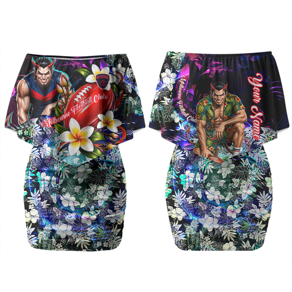 Personalized Melbourne Football Demons Couples Matching Off Shoulder Short Dress and Hawaiian Shirt Tropical Hibiscus Flowers - Pacific Fusion Style
