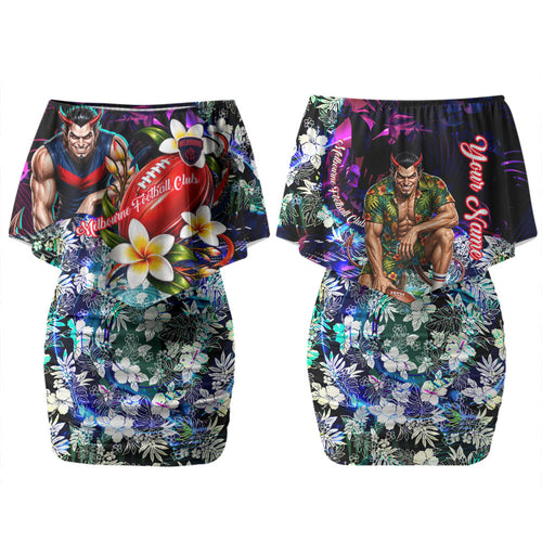 Personalized Melbourne Football Demons Couples Matching Off Shoulder Short Dress and Hawaiian Shirt Tropical Hibiscus Flowers - Pacific Fusion Style