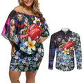 Personalized Melbourne Football Demons Couples Matching Off Shoulder Short Dress and Long Sleeve Button Shirt Tropical Hibiscus Flowers - Pacific Fusion Style