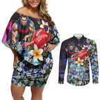 Personalized Melbourne Football Demons Couples Matching Off Shoulder Short Dress and Long Sleeve Button Shirt Tropical Hibiscus Flowers - Pacific Fusion Style