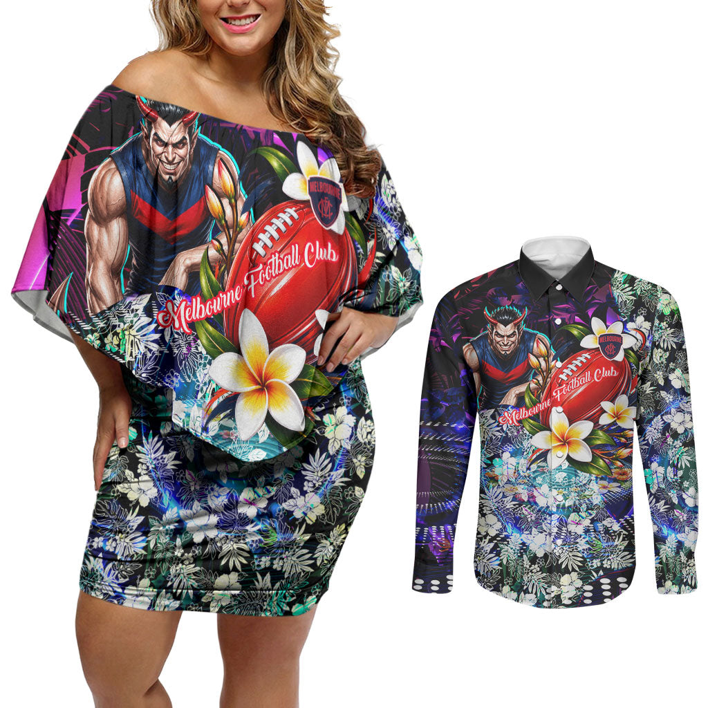 Personalized Melbourne Football Demons Couples Matching Off Shoulder Short Dress and Long Sleeve Button Shirt Tropical Hibiscus Flowers - Pacific Fusion Style