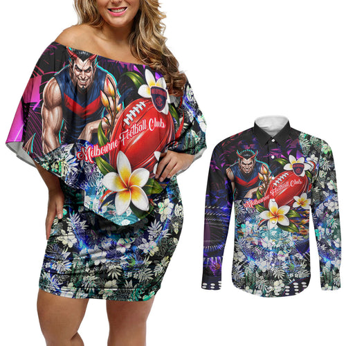Personalized Melbourne Football Demons Couples Matching Off Shoulder Short Dress and Long Sleeve Button Shirt Tropical Hibiscus Flowers - Pacific Fusion Style