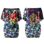 Personalized Melbourne Football Demons Couples Matching Off Shoulder Short Dress and Long Sleeve Button Shirt Tropical Hibiscus Flowers - Pacific Fusion Style