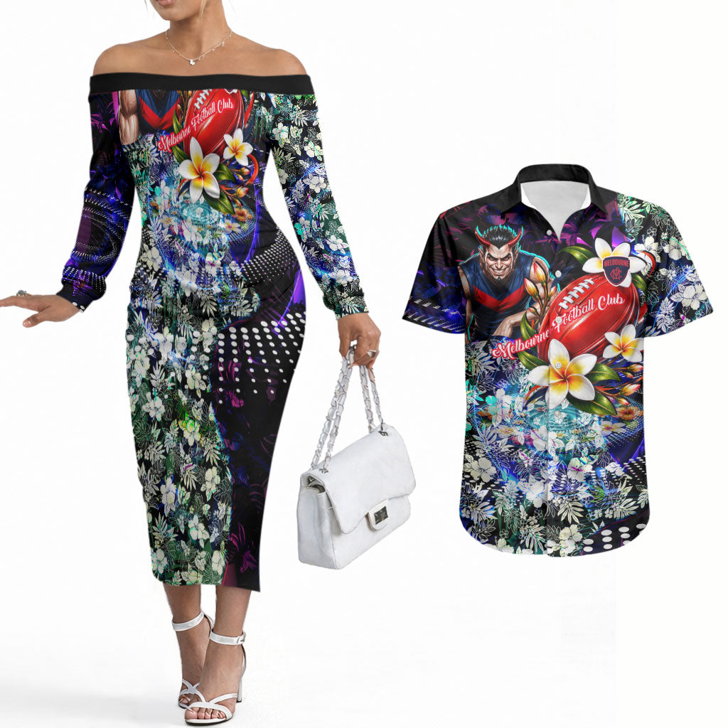 Personalized Melbourne Football Demons Couples Matching Off The Shoulder Long Sleeve Dress and Hawaiian Shirt Tropical Hibiscus Flowers - Pacific Fusion Style