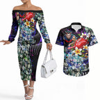 Personalized Melbourne Football Demons Couples Matching Off The Shoulder Long Sleeve Dress and Hawaiian Shirt Tropical Hibiscus Flowers - Pacific Fusion Style