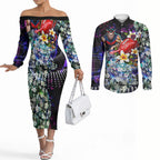 Personalized Melbourne Football Demons Couples Matching Off The Shoulder Long Sleeve Dress and Long Sleeve Button Shirt Tropical Hibiscus Flowers - Pacific Fusion Style