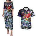 Personalized Melbourne Football Demons Couples Matching Puletasi and Hawaiian Shirt Tropical Hibiscus Flowers - Pacific Fusion Style