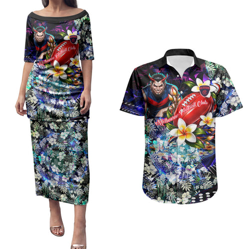 Personalized Melbourne Football Demons Couples Matching Puletasi and Hawaiian Shirt Tropical Hibiscus Flowers - Pacific Fusion Style