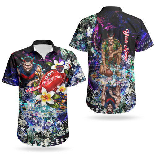 Personalized Melbourne Football Demons Couples Matching Puletasi and Hawaiian Shirt Tropical Hibiscus Flowers - Pacific Fusion Style