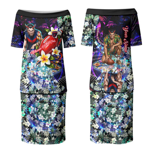 Personalized Melbourne Football Demons Couples Matching Puletasi and Hawaiian Shirt Tropical Hibiscus Flowers - Pacific Fusion Style