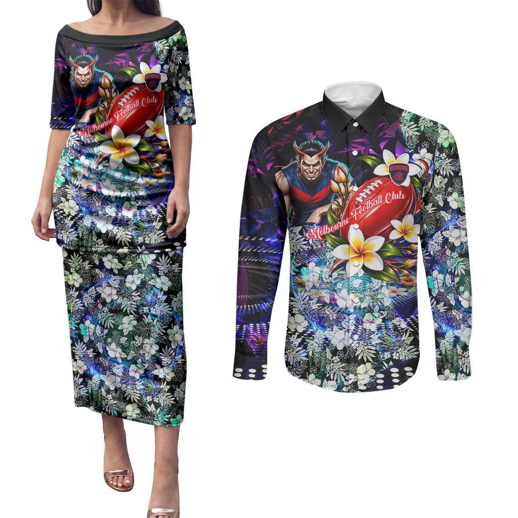 Personalized Melbourne Football Demons Couples Matching Puletasi and Long Sleeve Button Shirt Tropical Hibiscus Flowers - Pacific Fusion Style