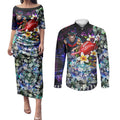 Personalized Melbourne Football Demons Couples Matching Puletasi and Long Sleeve Button Shirt Tropical Hibiscus Flowers - Pacific Fusion Style