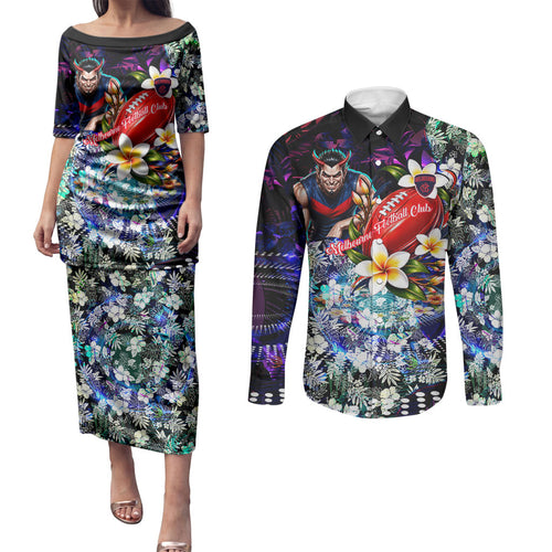 Personalized Melbourne Football Demons Couples Matching Puletasi and Long Sleeve Button Shirt Tropical Hibiscus Flowers - Pacific Fusion Style