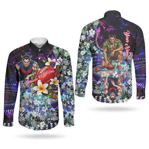 Personalized Melbourne Football Demons Couples Matching Puletasi and Long Sleeve Button Shirt Tropical Hibiscus Flowers - Pacific Fusion Style