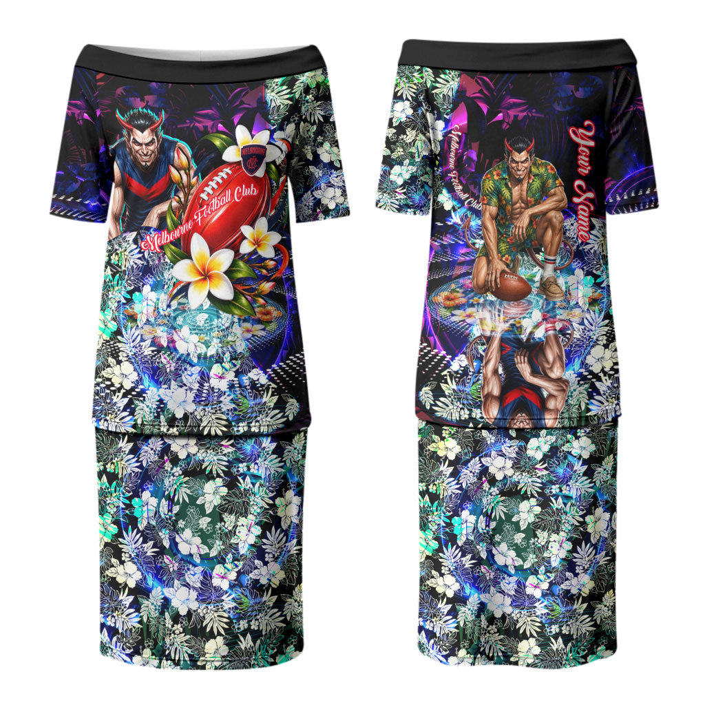 Personalized Melbourne Football Demons Couples Matching Puletasi and Long Sleeve Button Shirt Tropical Hibiscus Flowers - Pacific Fusion Style