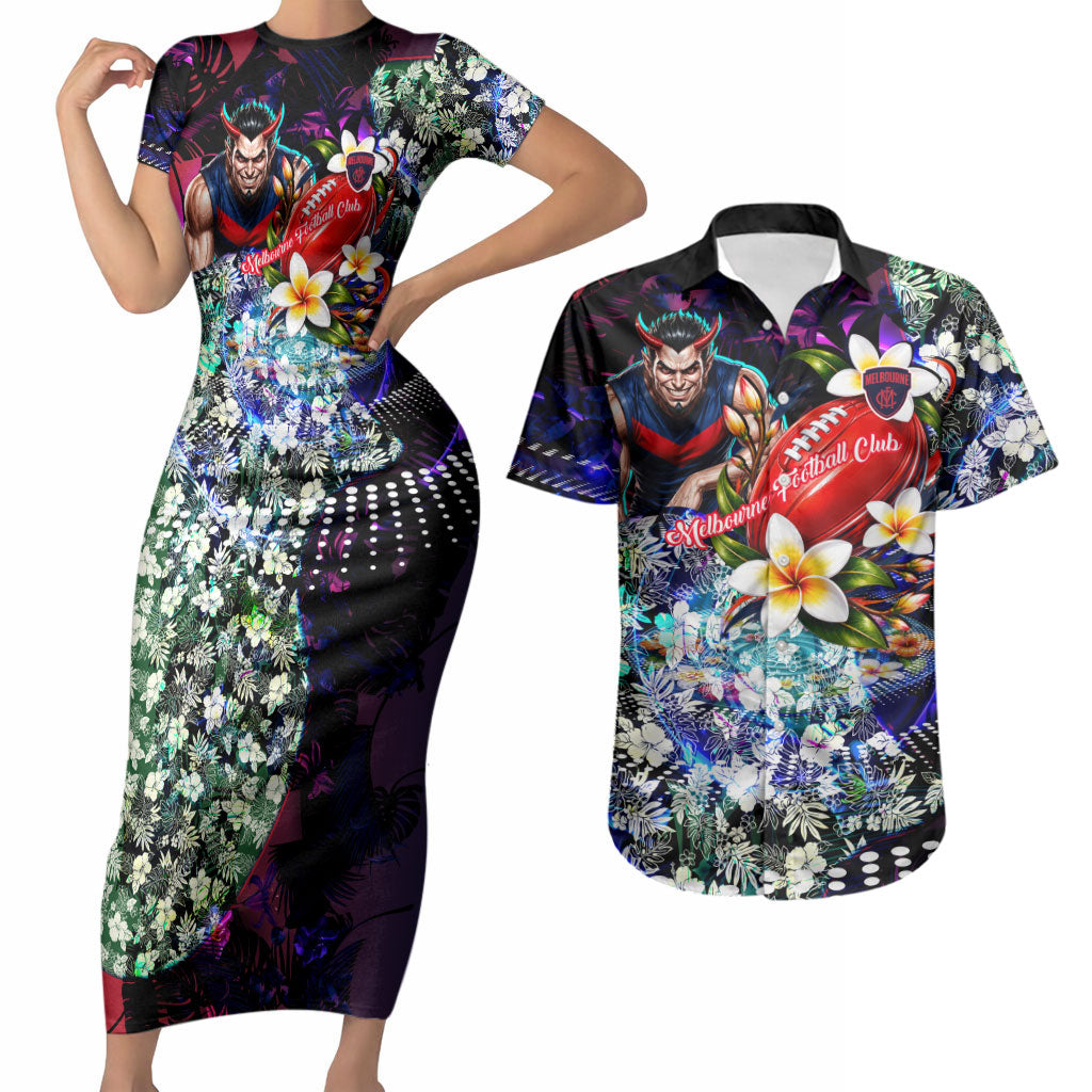 Personalized Melbourne Football Demons Couples Matching Short Sleeve Bodycon Dress and Hawaiian Shirt Tropical Hibiscus Flowers - Pacific Fusion Style