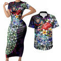Personalized Melbourne Football Demons Couples Matching Short Sleeve Bodycon Dress and Hawaiian Shirt Tropical Hibiscus Flowers - Pacific Fusion Style