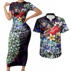 Personalized Melbourne Football Demons Couples Matching Short Sleeve Bodycon Dress and Hawaiian Shirt Tropical Hibiscus Flowers - Pacific Fusion Style