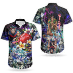 Personalized Melbourne Football Demons Couples Matching Short Sleeve Bodycon Dress and Hawaiian Shirt Tropical Hibiscus Flowers - Pacific Fusion Style