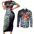 Personalized Melbourne Football Demons Couples Matching Short Sleeve Bodycon Dress and Long Sleeve Button Shirt Tropical Hibiscus Flowers - Pacific Fusion Style