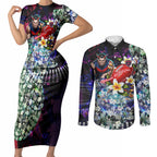 Personalized Melbourne Football Demons Couples Matching Short Sleeve Bodycon Dress and Long Sleeve Button Shirt Tropical Hibiscus Flowers - Pacific Fusion Style