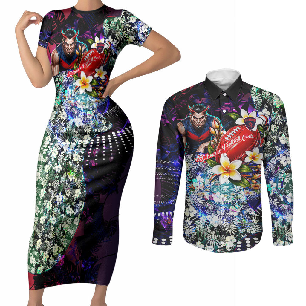 Personalized Melbourne Football Demons Couples Matching Short Sleeve Bodycon Dress and Long Sleeve Button Shirt Tropical Hibiscus Flowers - Pacific Fusion Style