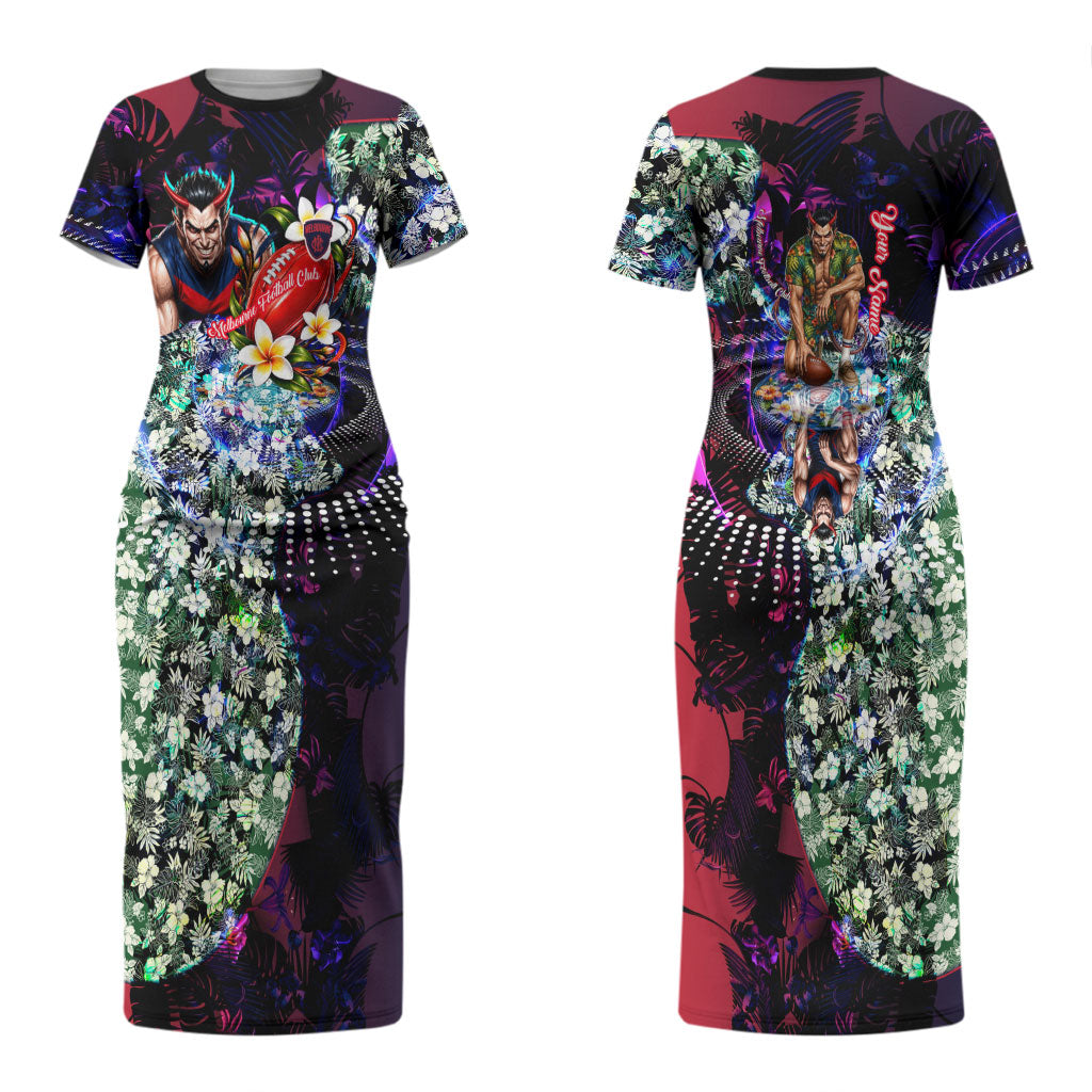 Personalized Melbourne Football Demons Couples Matching Short Sleeve Bodycon Dress and Long Sleeve Button Shirt Tropical Hibiscus Flowers - Pacific Fusion Style