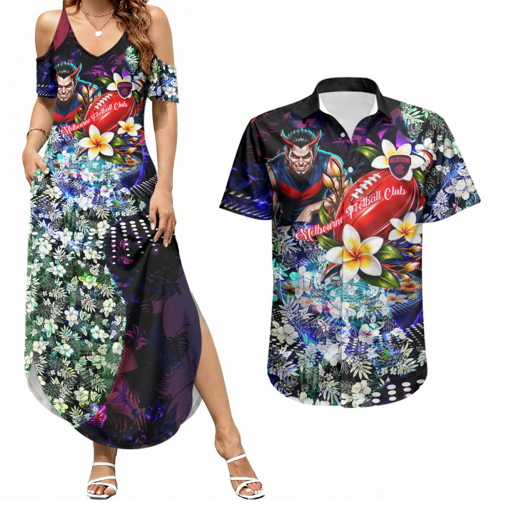 Personalized Melbourne Football Demons Couples Matching Summer Maxi Dress and Hawaiian Shirt Tropical Hibiscus Flowers - Pacific Fusion Style