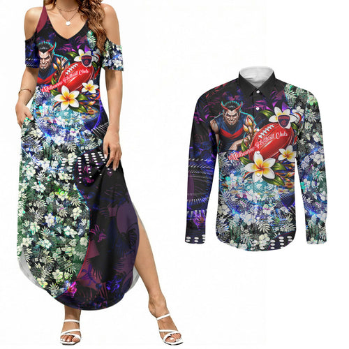 Personalized Melbourne Football Demons Couples Matching Summer Maxi Dress and Long Sleeve Button Shirt Tropical Hibiscus Flowers - Pacific Fusion Style